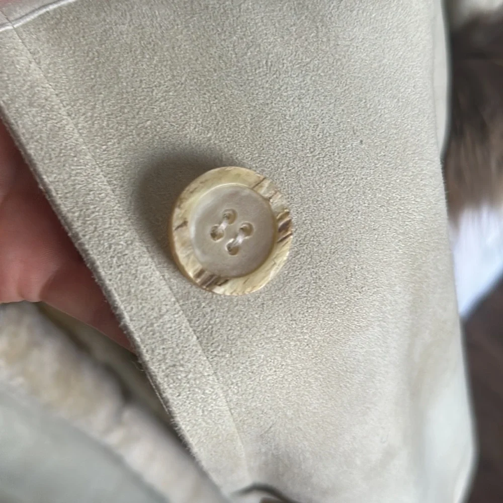 Full length, fur lined, suede jacket with fur collar and wrist detail. - Picture 9 of 9